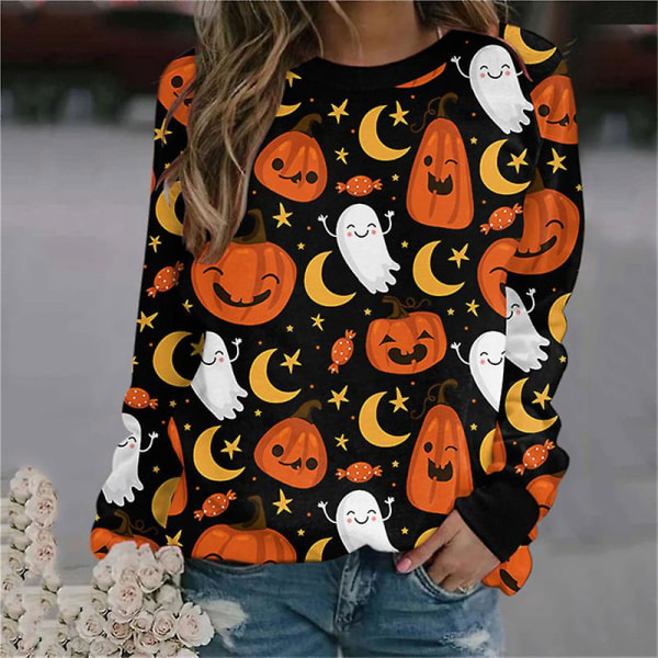 Kvinner Halloween-gensere Pumpkin Face Dansende Skjelettskjorte Langermet genser Funny Graphic Pullover style 2 M