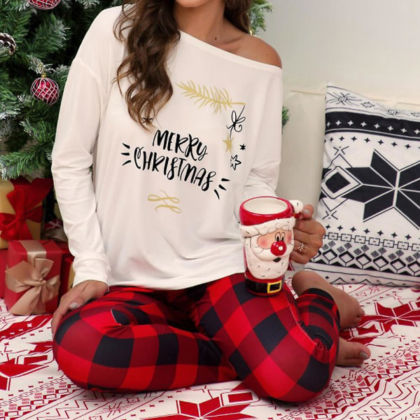 Julebokstavtrykk for kvinner Pyjamassett Juleoverdeler med lange ermer rutete bukser Pyjamas Hjemmeklær White 3XL