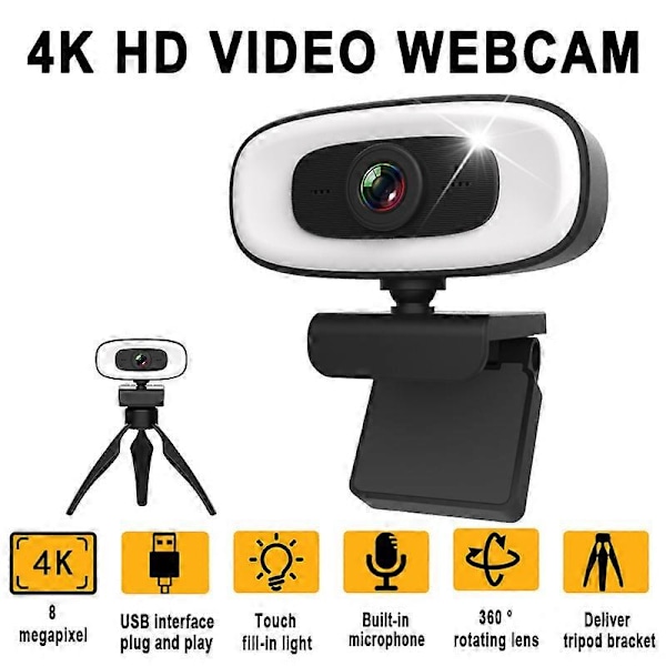 Mini 4K Webcam USB Computer 2K Webcam til PC Laptops Live Streaming Full HD 1080P Webkamera til arbejde med mikrofonstativ