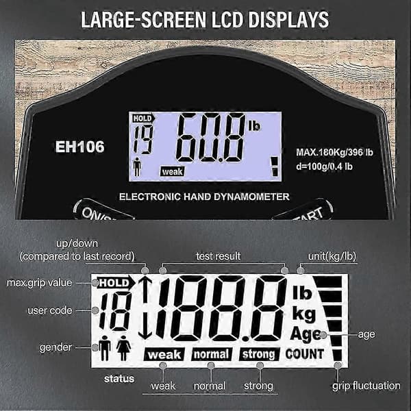 Gripstyrketestare, 396Lbs/180Kg Digital Hand Dynamometer Grip Strength Meter USB LCD-skärm Hand