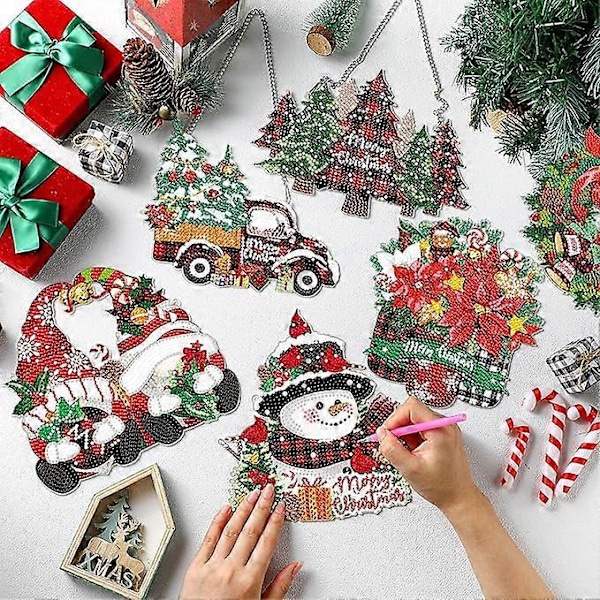 6 st Jul Diamantmålning Hängande Skylt Set 5D Tomte Snögubbe Diamantkonst Set för Vuxna DIY Konst Hänge Ornament Kit Akryl Julgran W