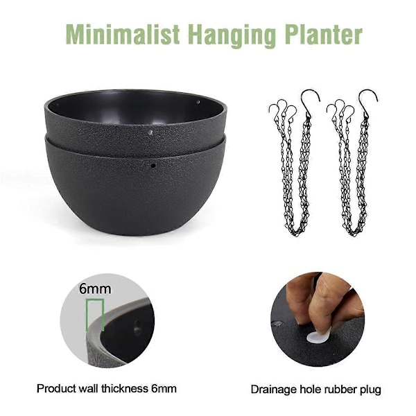 2 stk. Store hengende plantepotter for utendørs og innendørs planter med dreneringshull og kjetting, runde
