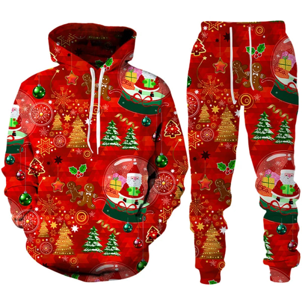 Julenissen 3D-utskrift Mann Kvinne Hettegenser + bukser 2stk sett Nyttårsferiefest Uformelt Oversized Pullover Joggedresssett style 14 3XL