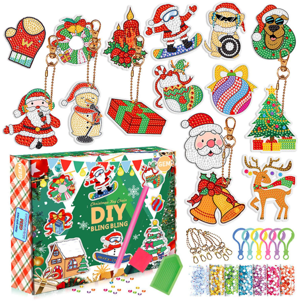 Christmas Diamond Nyckelringar Set Classic Christmas Theme Element Diy-hänge för julklappar 15PCS B