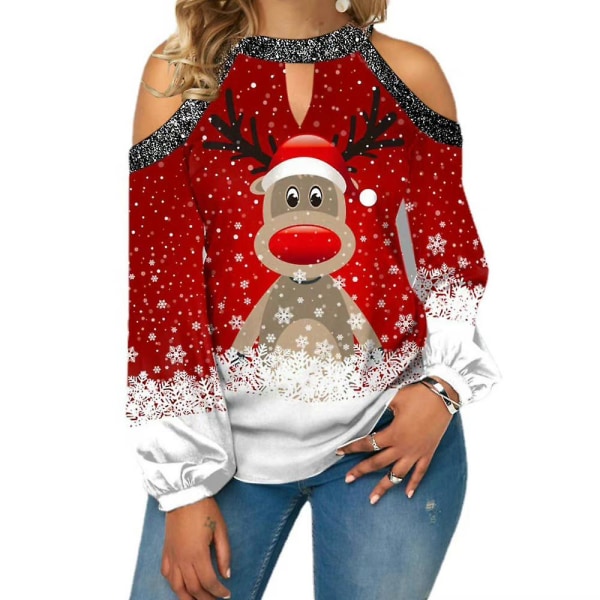 Kvinner Christmas Snowflake Elk Print T-Shirt Xmas Langermet Cold Shoulder Shirts Bluse Casual Løse topper Plus Size Red 2XL