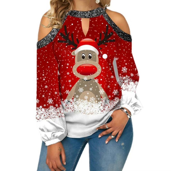 Kvinnor Christmas Snowflake Print T-shirt Xmas Långärmad Cold Shoulder Skjortor Blus Casual Lösa toppar Plus Size Red M