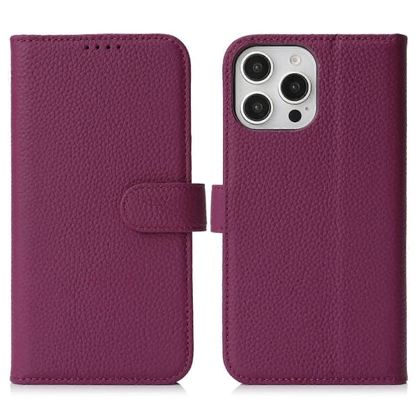Ställfodral för iPhone 15 Pro Litchi Textur Äkta Läder Plånboksfodral RFID-skydd Violett