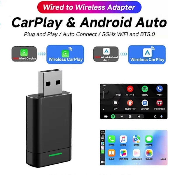 Trådløs Carplay Android Biladapter 2-i-1 Kablet til Trådløs Mini Bil Ai Boks for Plug and Play