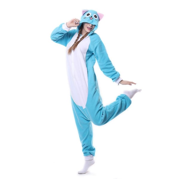 Vinter Voksne kvinner Dyr Anime Fairy Tail Happy Blue Cat Pyjamas Halloween Julefest Onesies Cosplay Pijamas Fancy Dress L