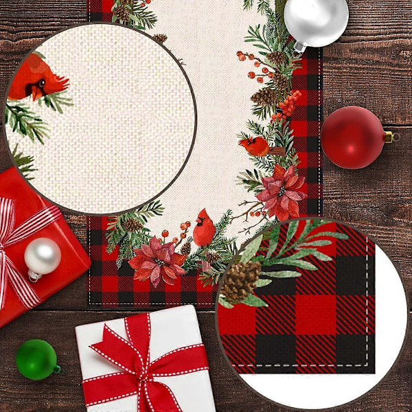 Jule Cardinal Bordløper Buffalo Plaid Sjekk Julestjerne Kristtorn Jul Vinter Ferie Kjøkken Spisestue Hjem Dekorasjoner (13\" x 72\")