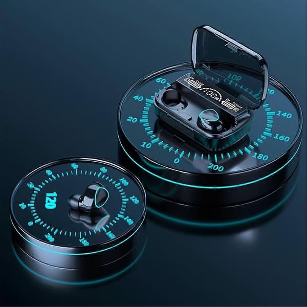 Trådløst headset Bluetooth V5.1 LED-display Stereo Mini-øretelefon med håndmikrofon sort