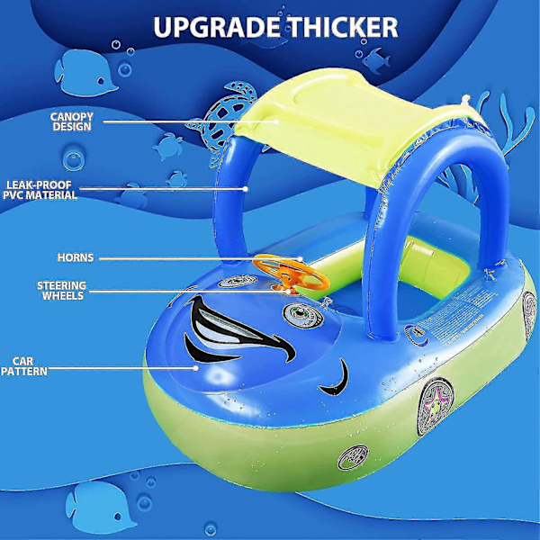Uppblåsbar Baby Pool Float med Solskydd, Bilformad Badbåt för Spädbarn Småbarn Barn--mörkblå