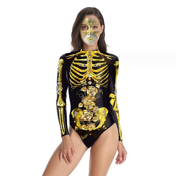 Halloween Kvinder Digital Skeleton Stram Badedragt i ét stykke med lynlås style 2 S-M