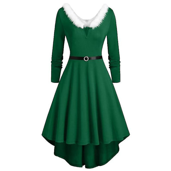 Dam jul lurvig V-ringad långärmad klänning för fest kostym Green XL