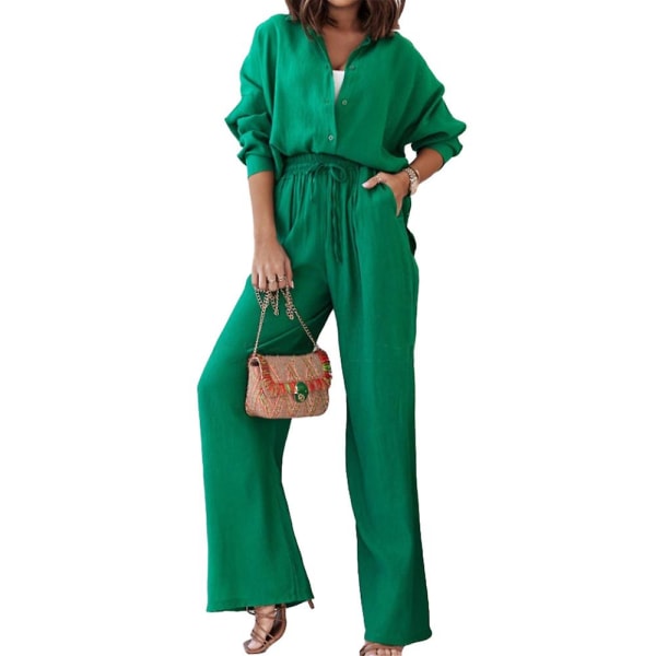 Dame løse ensfargede antrekk skjorte topper + elastisk høy midje bukser med vidde ben Buksesett løst Uformelt Work Lounge Wear Green L