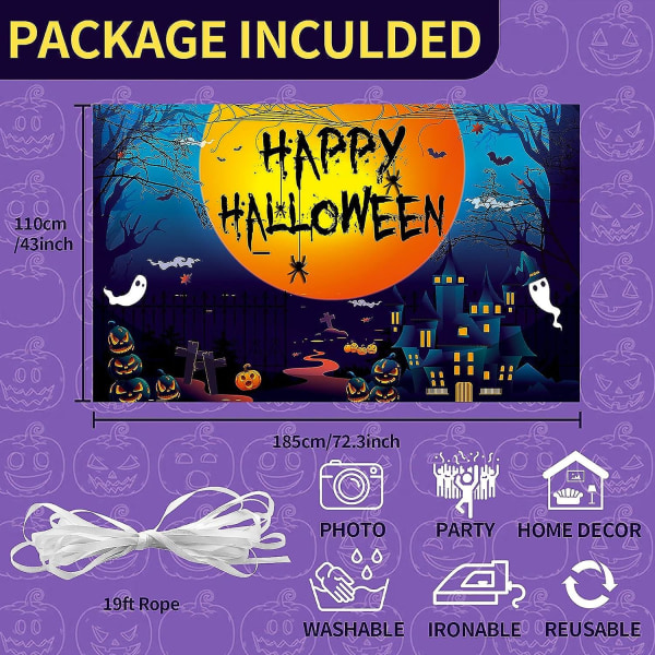 Happy Halloween-banner, halloween-bannerdekorationer, stor tyg halloween fotobås skylt bakgrund, halloween hängande banner med månborg Pa Orange Red 185*90 cm