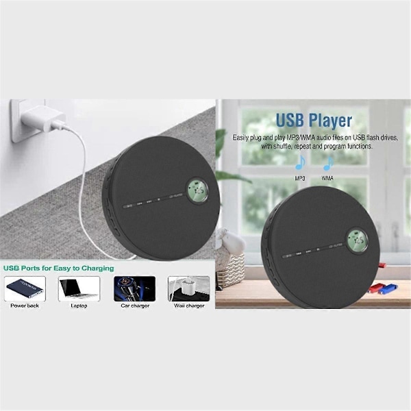 Genopladelig Bluetooth CD-afspiller, Musik CD-disk afspiller til bil/rejse, Hjemmeaudio med stereohøjttaler