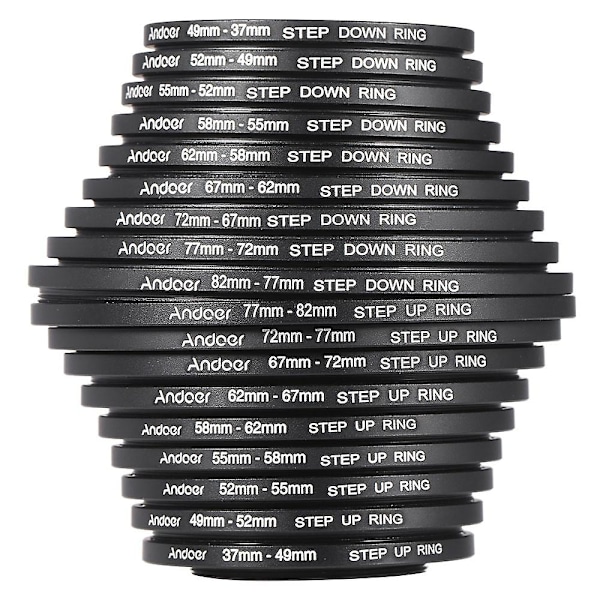 Andoer 18st 37-49-52-55-58-62-67-72-77-82mm Step Up / Step Down Objektiv Filter Metall Adapter Ring Kit