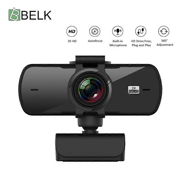 BELK 2K Webbkamera Drivrutinsfri Dator PC Webbkamera med Mikrofon för Livesändning Videosamtal Konferens Arbetskamera Webb PC