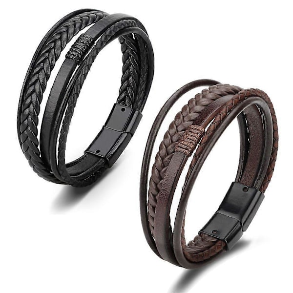 Trendy Ægte Læder Armbånd Mænd Rustfrit Stål Multilayer Flettet Reb Armbånd Til Mandlige Kvindelige Armbånd Smykker