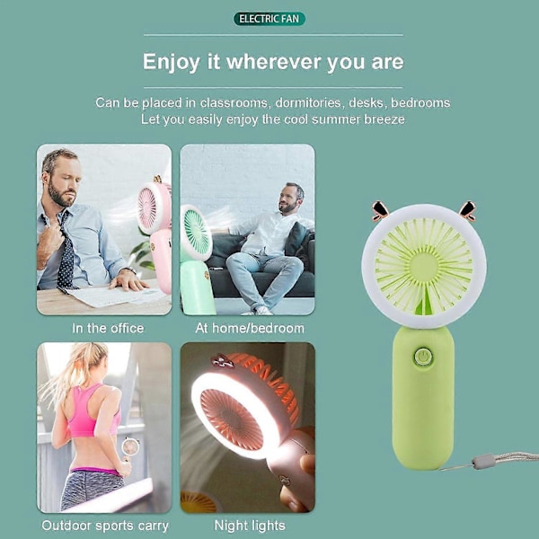 Mini Kannettava Tuuletin, Kannettava LED-valotuletin - Käsituuletin, Säädettävä Nopeus, USB Ladattava LED-yövalolla, Vihreä