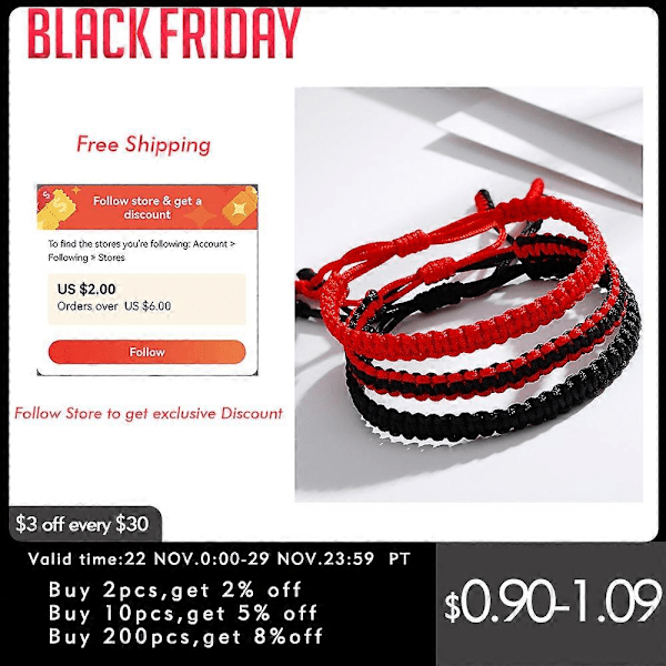Håndlagde tibetanske buddhistiske lykkearmbånd svarte røde tråder justerbare knuter armbånd for kvinner menn håndleddsmykker