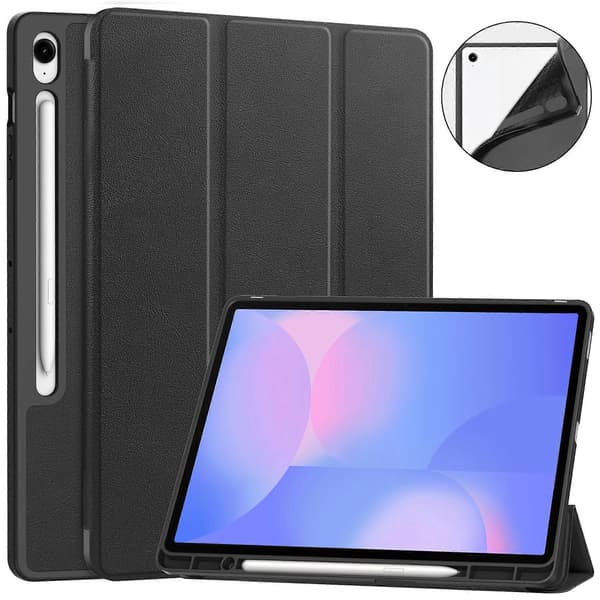 Stativfodral för Samsung Galaxy Tab S10 FE+ Stötdämpande Läder Tabletskydd med Pennhållare Svart