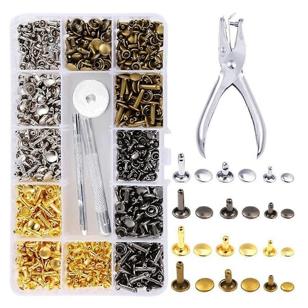 Lær Rivet Kit, 180 Sett Dobbel Hetteriveter Rørformet, 4 Farger 3 Størrelser Lær Riveter og Trykknapper, for