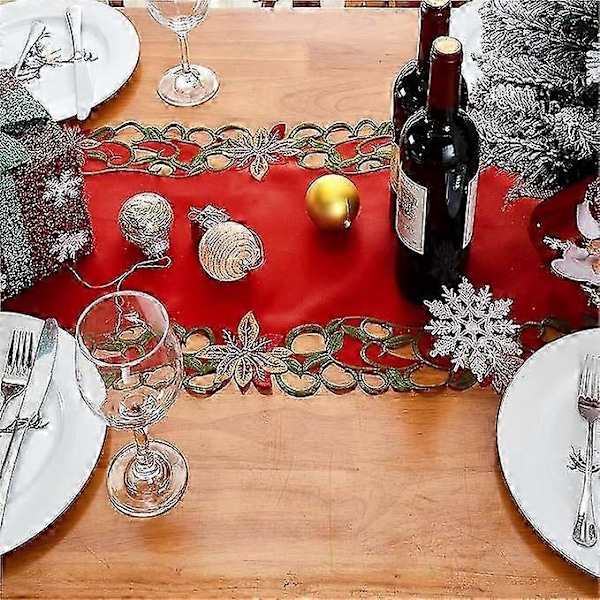 381761cm Julebordløper med Broderi, Utskjært Grønne Blad, Høytidsbordduk til Juledekorasjon 15x69 Tommer