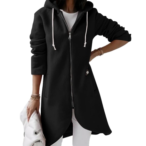 Kvinder Uregelmæssig fuld lynlås lang frakke Casual udendørs efterår langærmet hættejakke Black 3XL