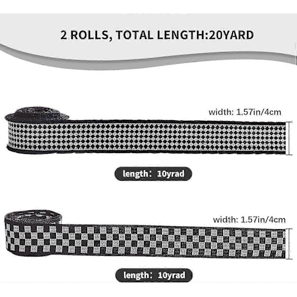 20 Yards 2 Stil Sort og Hvid Ternet Bånd Ternet Sækkelærredsbånd Tartan Stil Diamantmønster Buffalo Plaid Bånd med Ståltrådskant til Gaveindpakning