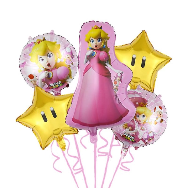 Super Mario Bros Ballon Sæt Prinsesse Peach Balloner Dragt Festdekoration Lyserød Dekorativ fotoforsyning Fødselsdag Baby Shower 5pcs set-E