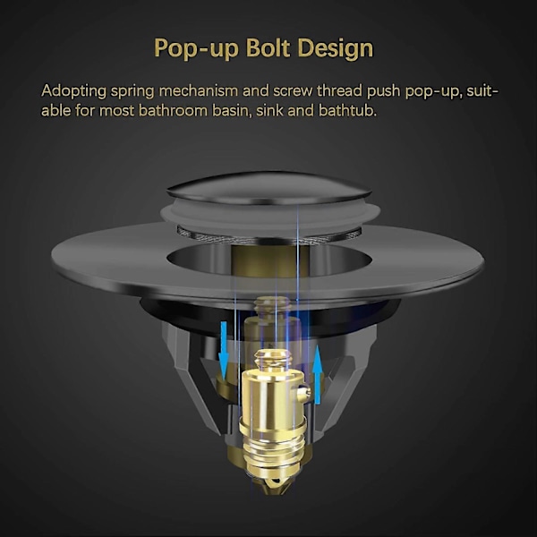 Bunnpropp, Universal Pop UP Ventil, Bunnventilsett, Avløpsstopper Full Metallstopper med Anti-Tett Sil og 2 Koblinger for Vask 37-41mm