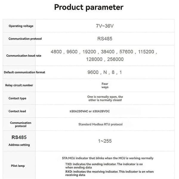 4-kanavainen relemoduuli Modbus RTU -protokollalla