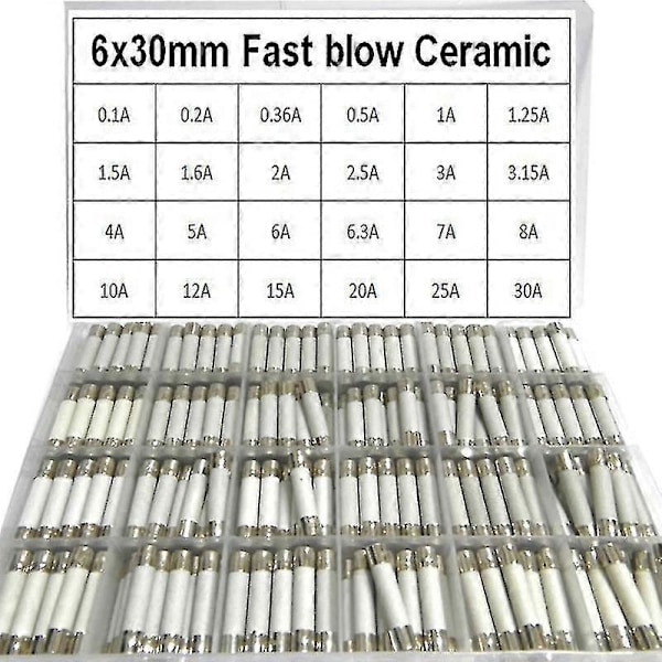 Keramisk sikring 24 værdier 6x30 0.1a 0.5a 1a 1.5a 2a 2.5a 3a 3.15a 4a 5a 6a-30a