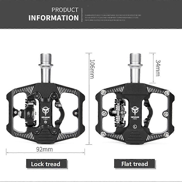 Cykelpedal, ikke-cykelpedaler, aluminiumlegering, flad platform til SPD, vandtæt cykling tilbehør, sort