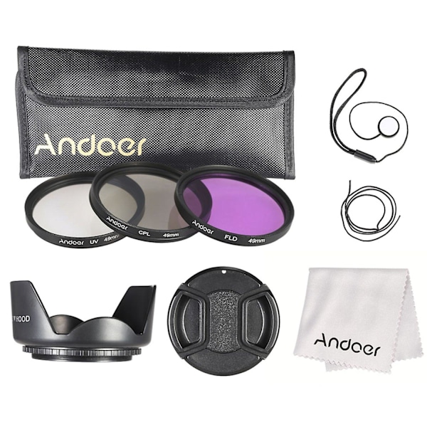 Andoer 49mm Filter Kit (UV+CPL+FLD) + Nylonväska + Objektivlock + Objektivlockhållare + Motljusskydd + L