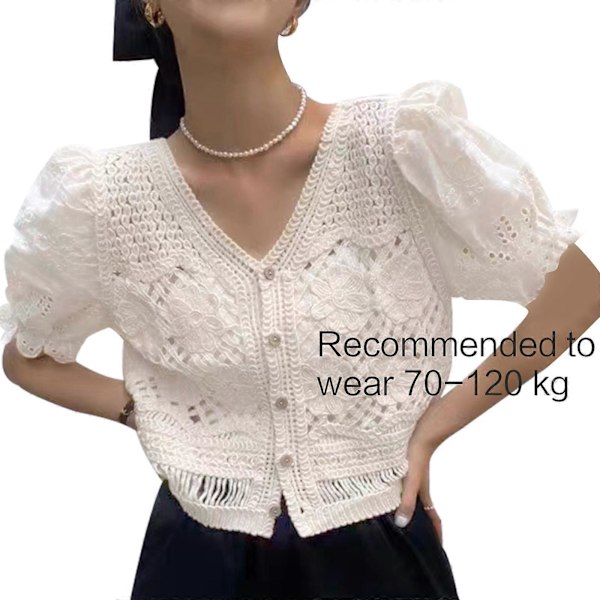Virkat hålbroderi-blus för kvinnor, kort chiffongärm, V-ringad, knäppning, stickade tröjor, blommig stickad blus sommar vit