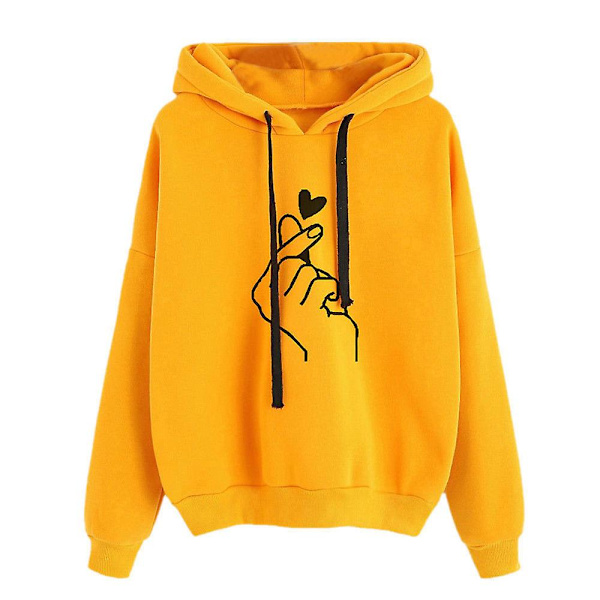 Kvinner trykte hettegensere Langermet hette genser Uformell Løse Pullover Topper Yellow 2XL