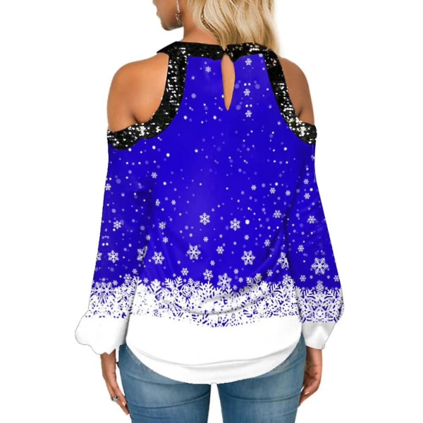 Kvinder Christmas Snowflake Elk Print T-shirt Xmas Langærmede Cold Shoulder Shirts Bluse Casual Løse toppe Plus Size Blue 2XL