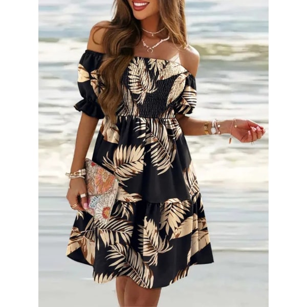 Sexig Off Shoulder Mini Klänning Dam Sommar Lös Boho Print Festklänning Auburn L