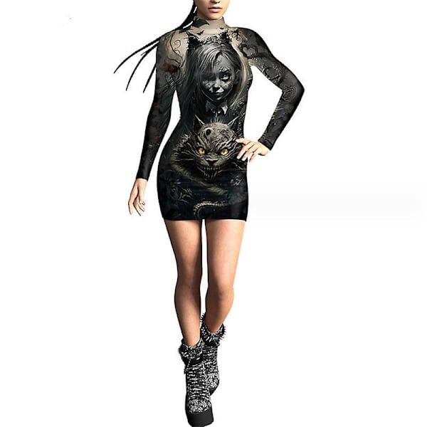 Kvinders skeletkjole Halloween kostume Stretchy langærmet minikjole COLOR 3 L