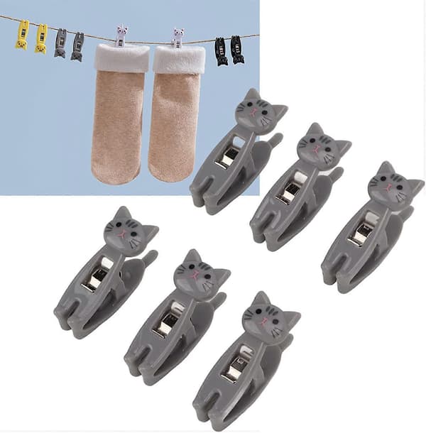 Chipsklämmor med Kattdesign, 6 st Plast Chipspåse Klämma Köksklämmor Multifunktionella Små Klämmor (Grå)