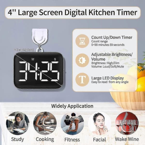 4 Tommer Digital Køkken Timer Stor LED Display Magnetisk Timer Med Justerbar