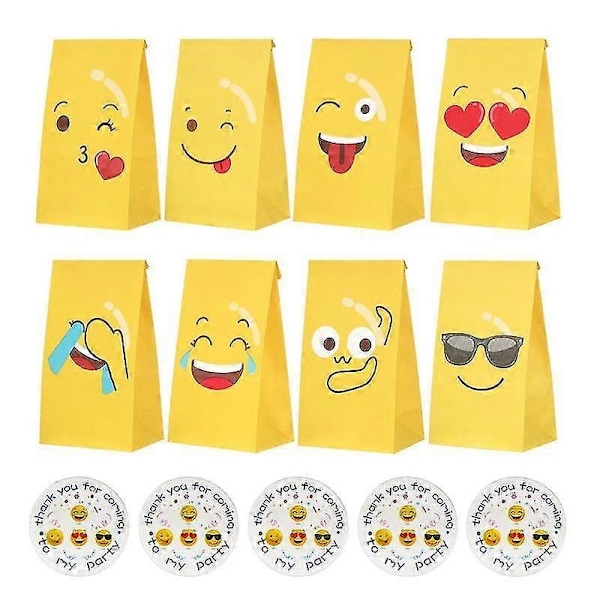 24 kpl emojikarkkipussi, 24 tarrapaperikassia, pieni syntymäpäiväkarkkipussi, 8 kuviopaperia