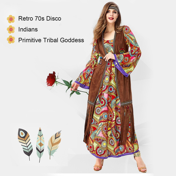 Hurtig levering 70'er til kvinder Disco kjole tilbehør 60'er 70'erne kostume til hippie kostume tøj outfit Halloween M 2c89 M | Fyndiq