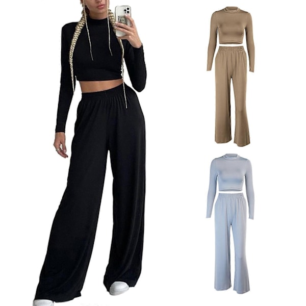 Lounge Set för Dam Långärmad Mock Neck Crop Tops och Vida Ben Set Pyjamasset Casual 2-Dels Outfits Träningsdräkter Vit S