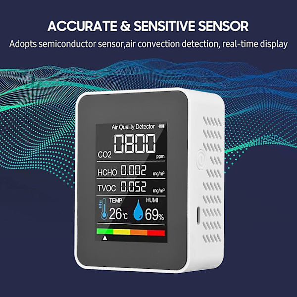 Bærbar Luftkvalitetsmåler Indendørs CO2 Detektor 5 i 1 Formaldehyd HCHO TVOC Tester LCD Temperatur
