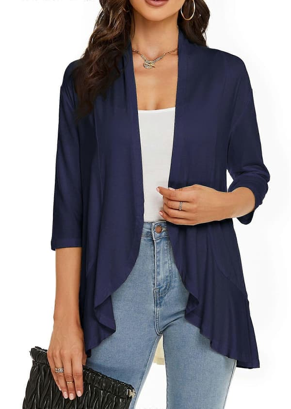 Casual let dame cardigan med åben front, bløde draperede flæser og 3/4 ærmer, blå
