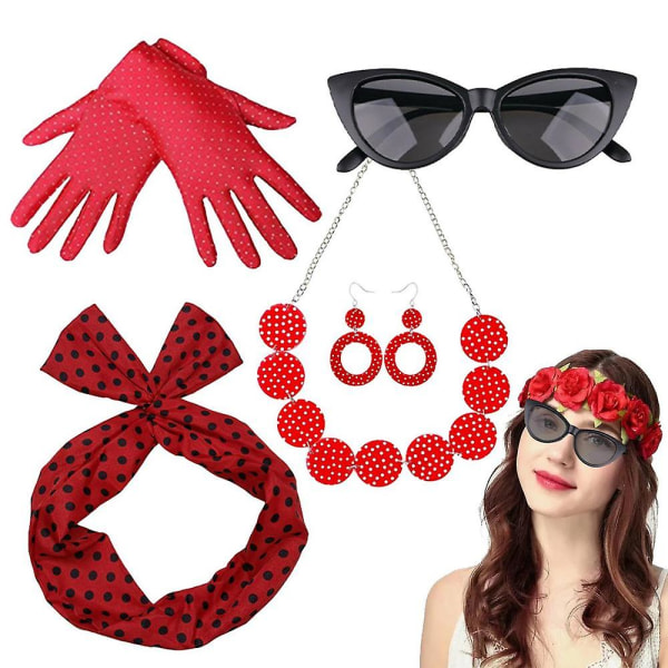 1950'er Damekostume Polka Dot Accessories 5 stk Retro Disco Outfit Kvinder Fest Outfits Til Kvinder Piger Red